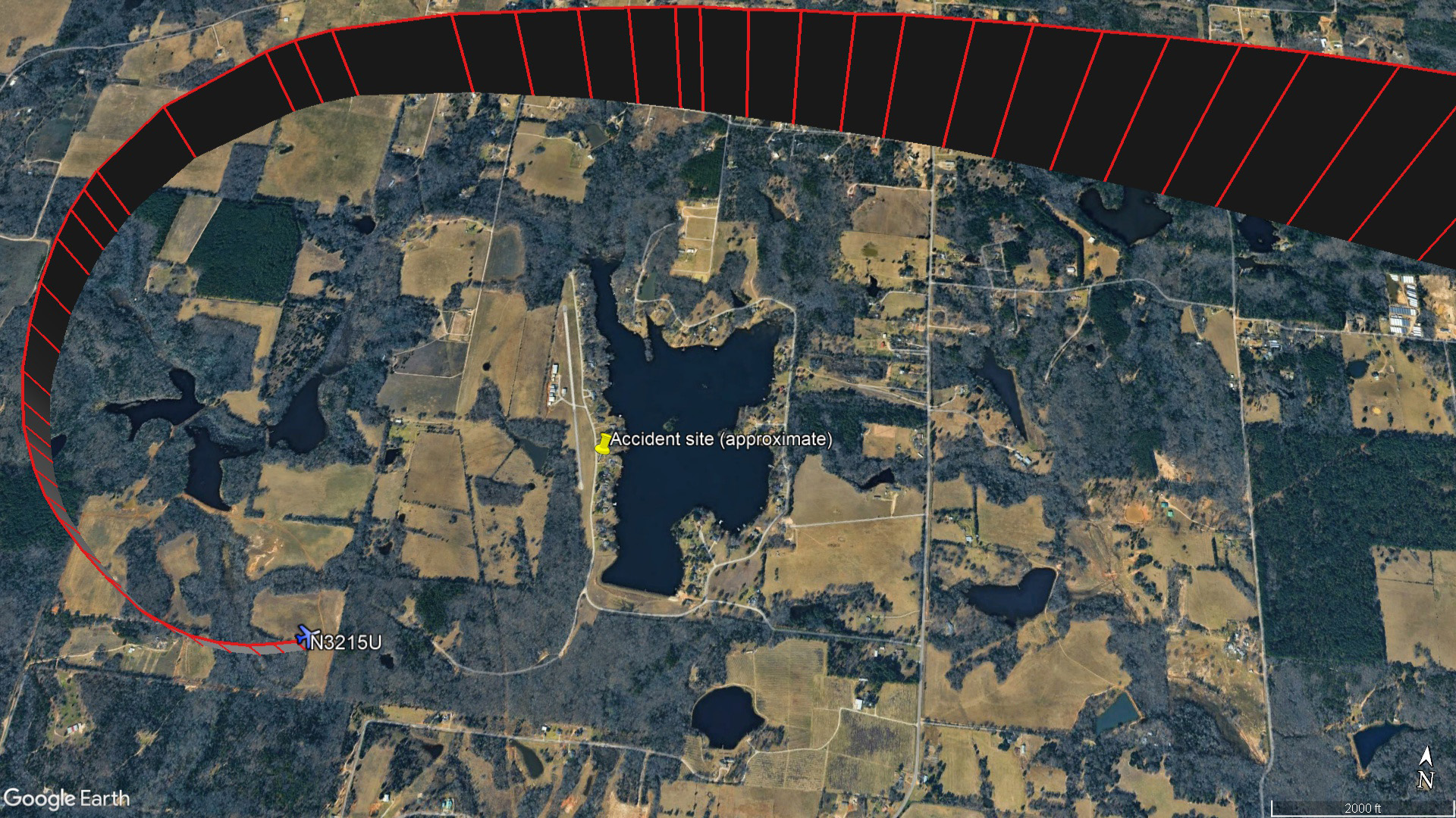 Data from ADS-B Global Exchange visualized in Google Earth shows the Beechcraft Bonanza's approach to the runway at Echo Lake. The approximate location where the aircraft came to rest, based on local media reports, is marked. Google Earth image.