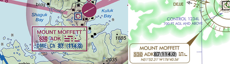 Charts may indicate a NAVAID’s unavailability by depicting a crosshatch pattern through the frequency, which indicates its “shutdown” status. This visual indication on the chart is not always used but can increase pilot awareness of a NAVAID’s status. 
