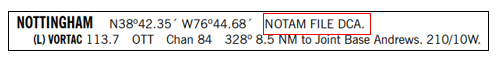 Pilots should be alert for NAVAIDs having a dissimilar identifier from the airport(s) they serve and to use the Chart Supplement U.S. to identify the correct NAVAID NOTAM file. In this example, NOTAMs for the Nottingham VORTAC (OTT) can be found when searching “DCA.” 
